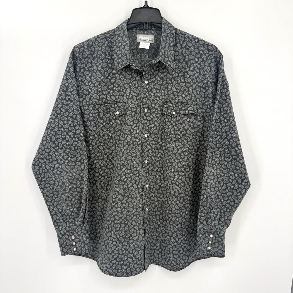 Wrangler Vintage Mens 2XLT Paisley Pearl Snap Western Shirt Gray Long Sleeve - Picture 2 of 10
